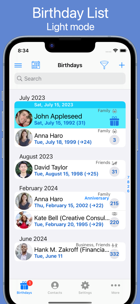 BirthdaysPro HD app screenshot displaying a list of upcoming birthdays and anniversaries in light mode on an iPhone