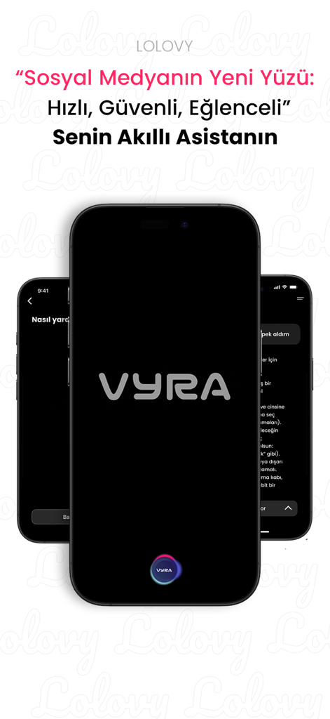Interfaz de la aplicación Lolovy que muestra la función de asistente inteligente Vyra en una pantalla de smartphone.