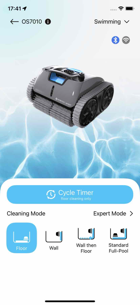 WYBOT - WYBOT app interface showing various pool cleaning modes and robotic cleaner status