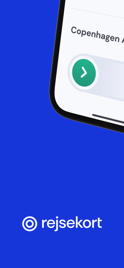 rejsekort - Interface de l'application Rejsekort avec un bouton vert pour glisser et valider son trajet dans les transports de Copenhague.