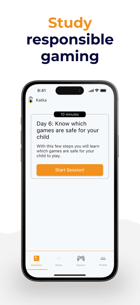 Digital Parenting - Pantalla de la aplicación Crianza Digital que muestra una lección sobre cómo identificar juegos seguros para niños con un botón para iniciar sesión.
