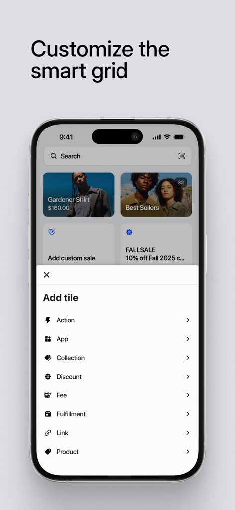 Shopify POSモバイルアプリ画面。商品タイルと割引タイルを追加してスマートグリッドをカスタマイズするオプションが表示されています。