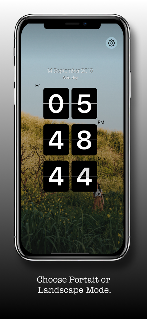Flip Clock - Digital Clock - Digital flip clock app in portrait mode with a scenic nature background showing time and date