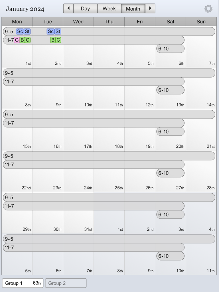 Monthly calendar view in the Shifty app showing scheduled shifts and staff assignments