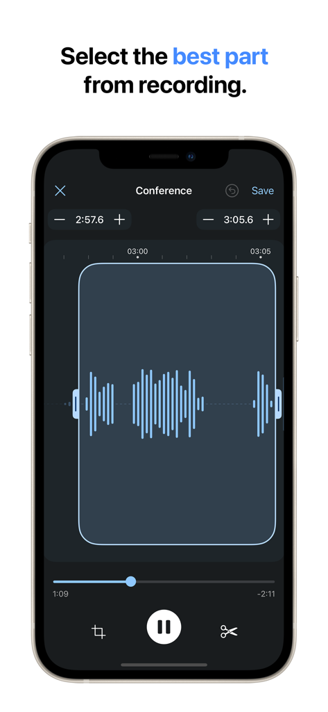 Voice Recorder & Transcribe - スマートフォン画面に、ボイスレコーダーアプリでオーディオ波形をトリミングしている様子が表示されています。