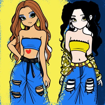 2 girls in crop tops and baggy jeans ripped