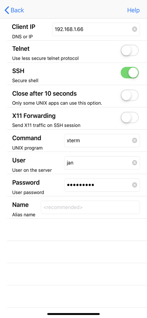 Mocha X11 - SSH およびリモート コマンド実行のサーバー接続設定を表示する Mocha X11 構成画面