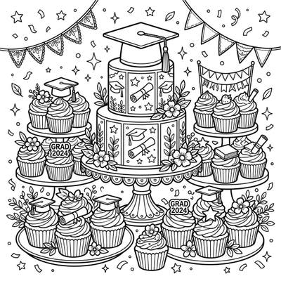 Commemorate a special milestone with this delightful vegan graduation cake and cupcakes coloring page. It's the perfect way to add a creative touch to any graduation celebration, full of intricate details ready for your artistic flair.