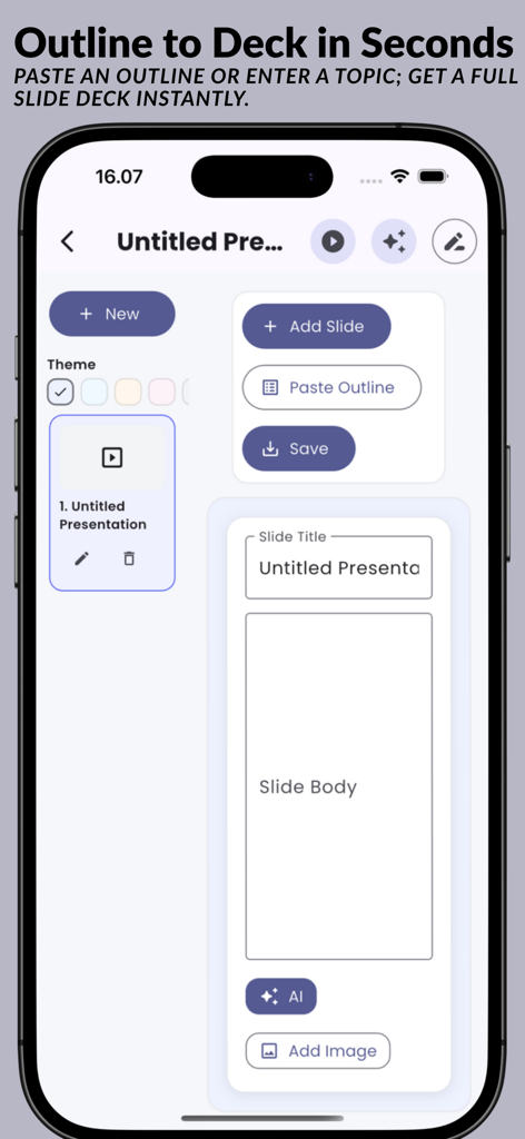 AI Slides : Presentation AI - Interface of AI Slides app showing the presentation editor and deck creation tools.