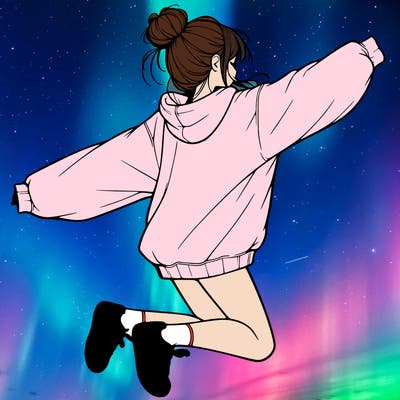 realistic girl jumping with a bun and oversized sweatshirt