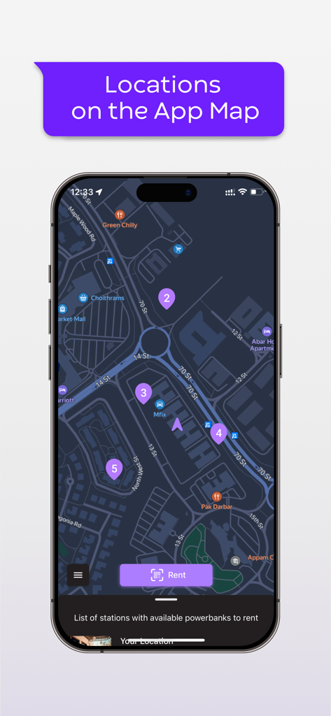 Mobile app screen showing a map with nearby powerbank rental stations