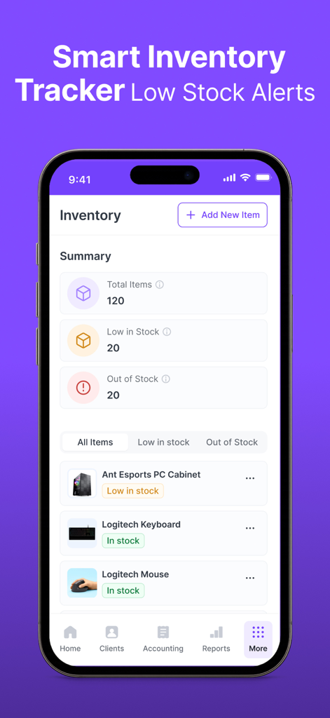 Refrens Invoice maker Bill App - Refrens app inventory management dashboard showing stock levels and low stock alerts