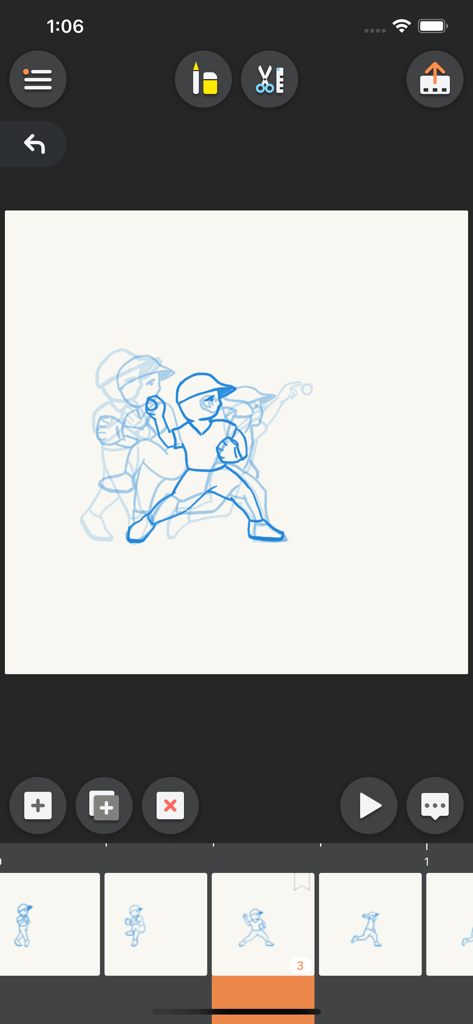 MotionBook - Draw & Animate - MotionBook app interface showing onion skinning and timeline for a baseball animation.
