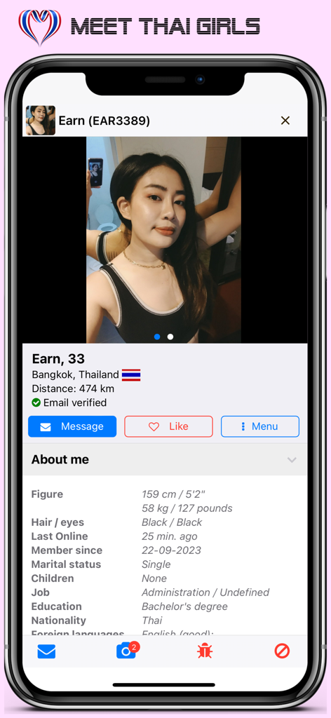 User profile screen on Thaikisses app showing personal details and photo of a Thai woman from Bangkok
