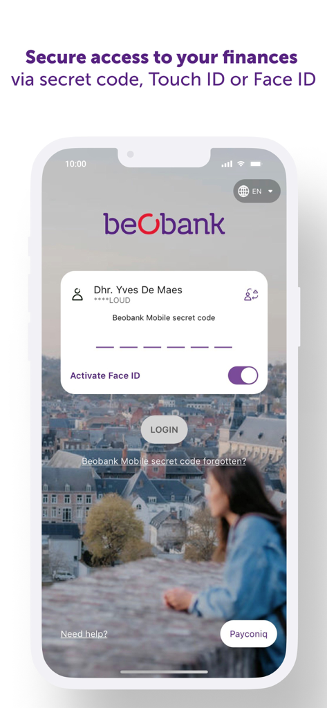 Beobank Mobile app login screen displaying secure access options like secret code and Face ID activation