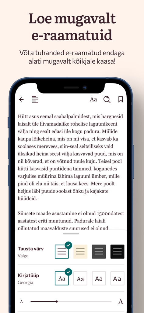 Estonian e-book reading screen in the Rahva Raamat app showing text and customization settings for font and background color