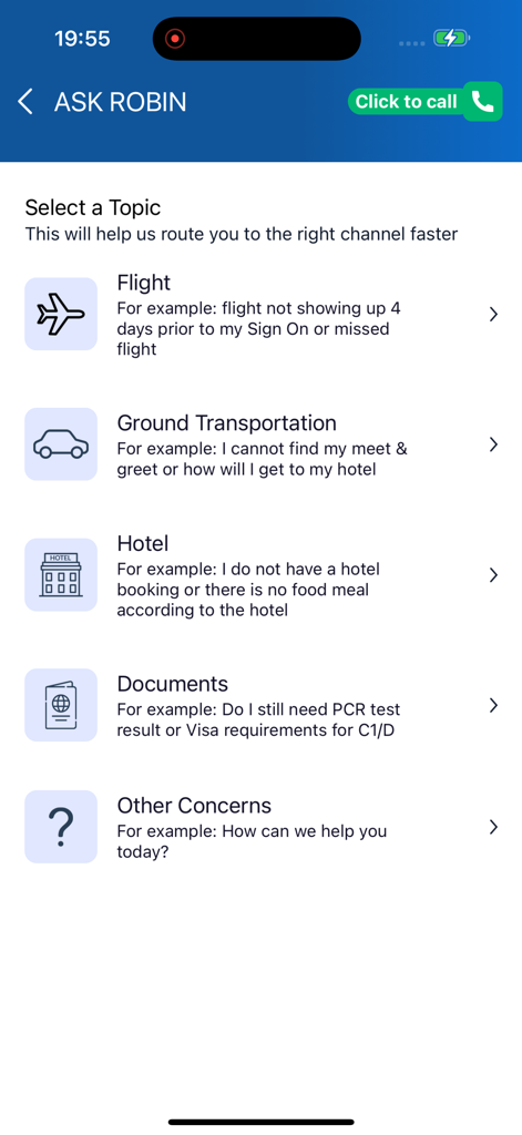 Oberfläche der TMHub-App mit Support-Themen wie Flug, Hotel und Dokumente für Crewmitglieder.