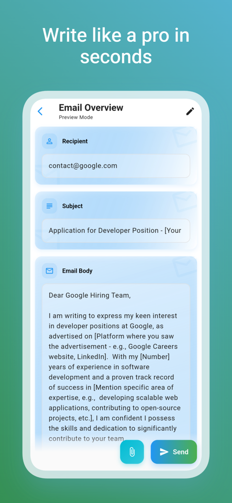 Screenshot der KI-E-Mail-Assistent-App, der eine Vorschau einer professionellen Bewerbungs-E-Mail für eine Entwicklerposition zeigt