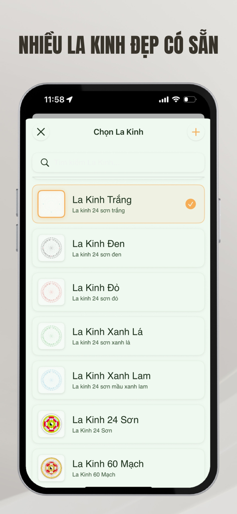 Feng Shui Compass Bach Viet - Screen showing different Luopan compass options in the Feng Shui Compass Bach Viet app