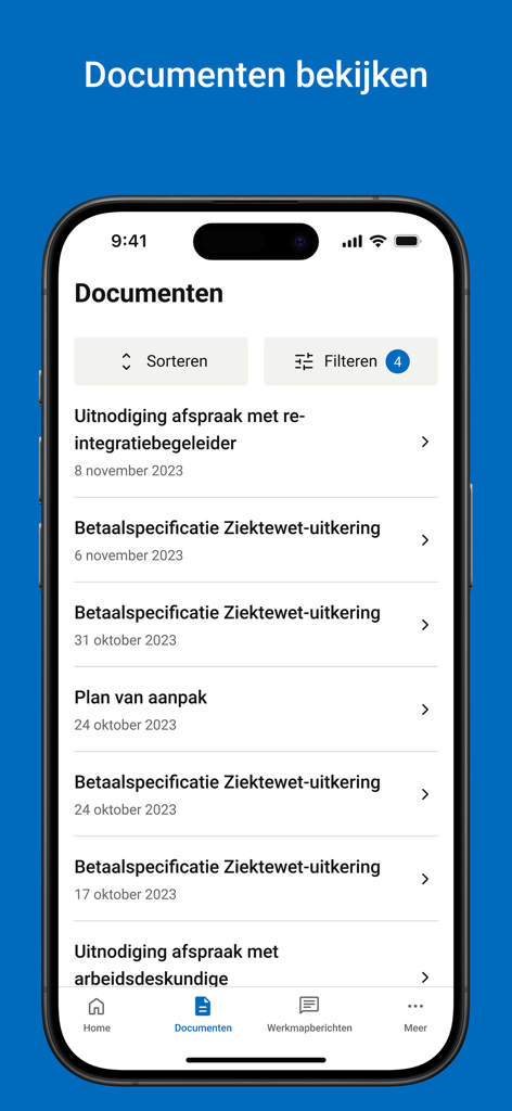 UWV - Mobile screen of the UWV app showing a list of documents including payment specifications and appointment invitations
