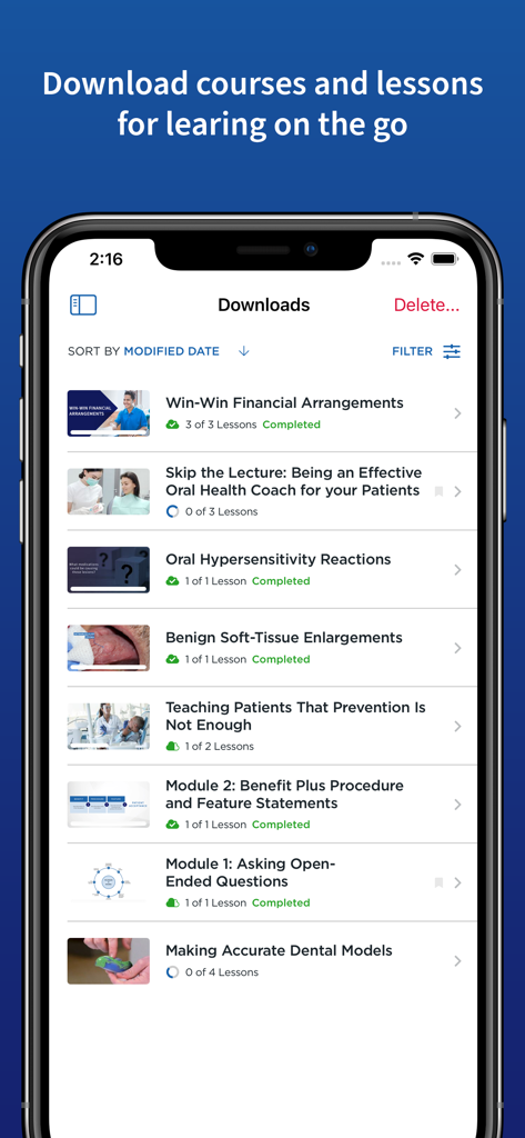 Spear Online app showing a list of downloaded dental education courses for offline learning