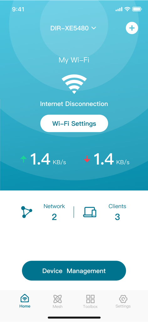 D-Link Mobile Connect Plus - D-Link Mobile Connect Plus app interface showing router network status and device management settings