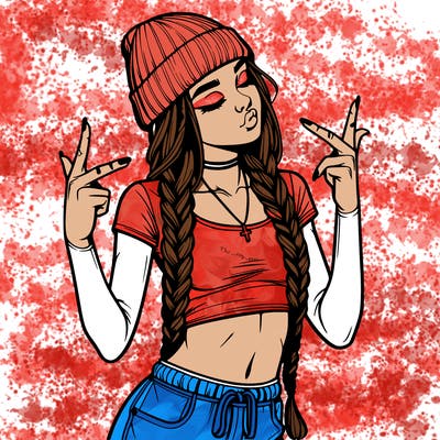 realistic teenage girl with braids and a beanie and crop top doing 🫶🏼