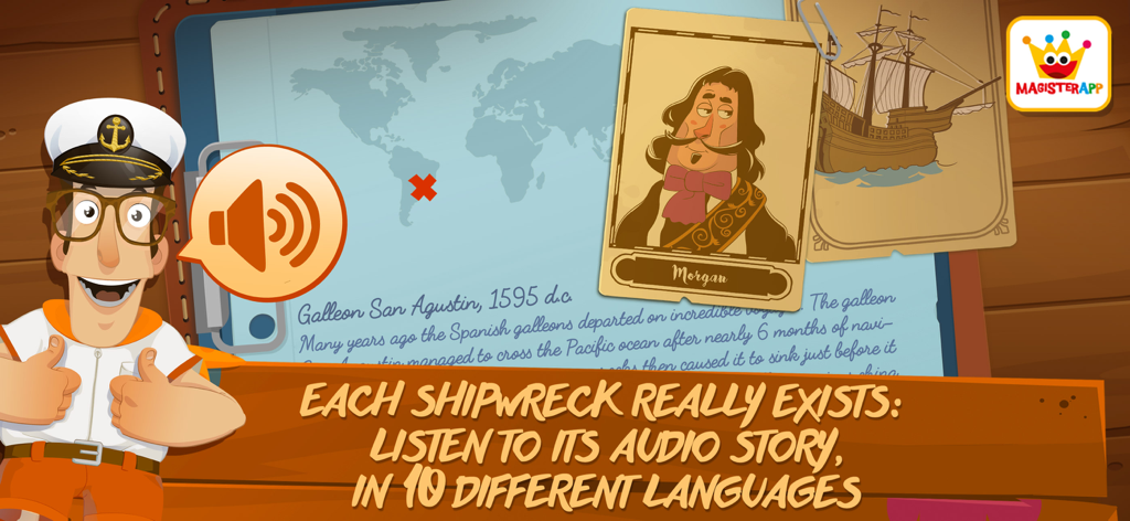 Le personnage Joe Diamante présentant l'histoire des épaves avec une carte du monde et des options audio multilingues.