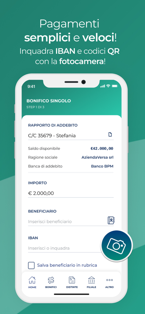 YouBusiness App - YouBusiness App single bank transfer interface with a camera button to scan IBAN and QR codes for fast payments