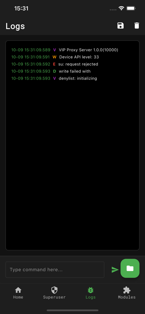 Interface do aplicativo Servidor Proxy Vip mostrando logs do sistema e recursos de ferramentas de desenvolvedor.