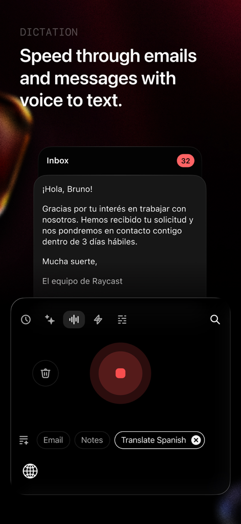 L'application mobile Raycast démontrant la fonctionnalité de dictée vocale vers texte pour les e-mails et la messagerie.