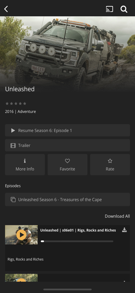 Unleashed.TV - Unleashed TV mobile app screen displaying a rugged off road vehicle and series episodes