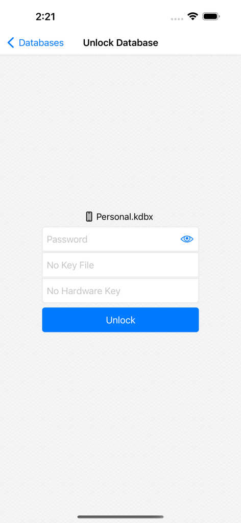 KeePassium for Intune - Unlock screen for a KeePass database in the KeePassium for Intune mobile app