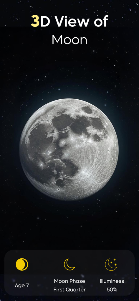 Una visualizzazione 3D della luna nell'app Moon Finder che mostra dati di fase e illuminazione