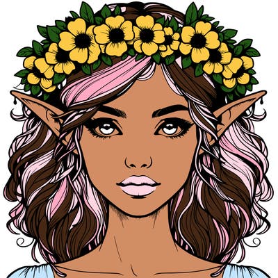 realistic female elf with flower crown