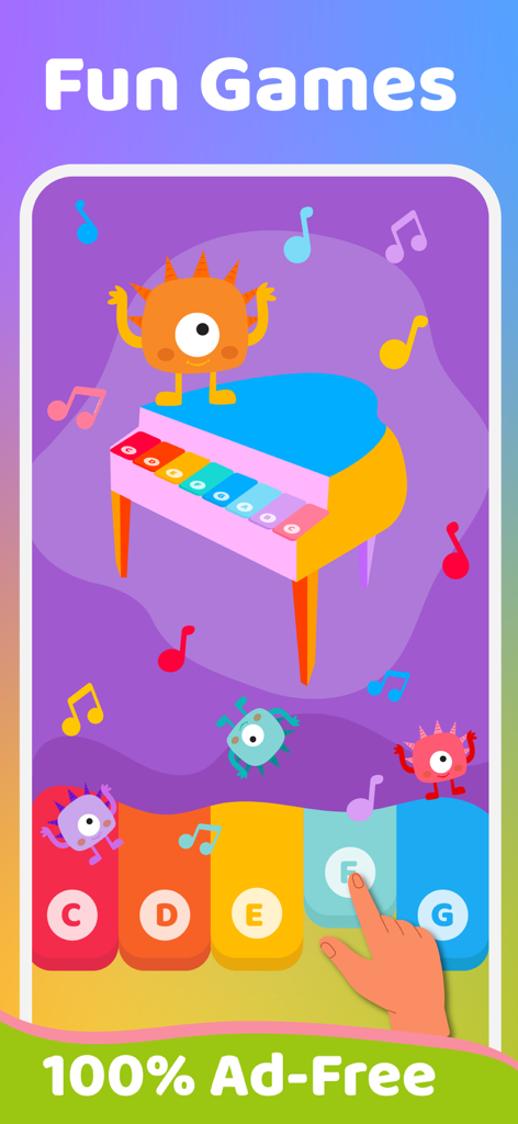 Un juego interactivo de piano musical para niños con personajes de dibujos animados coloridos y notas musicales