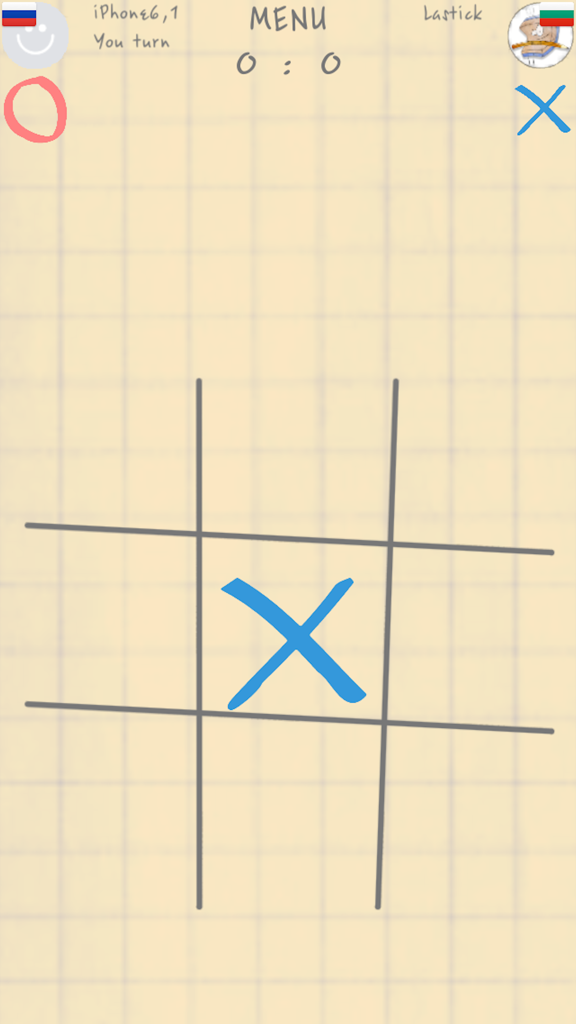 Tic Tac Toe gameplay showing a 3x3 grid on graph paper with a blue X in the center