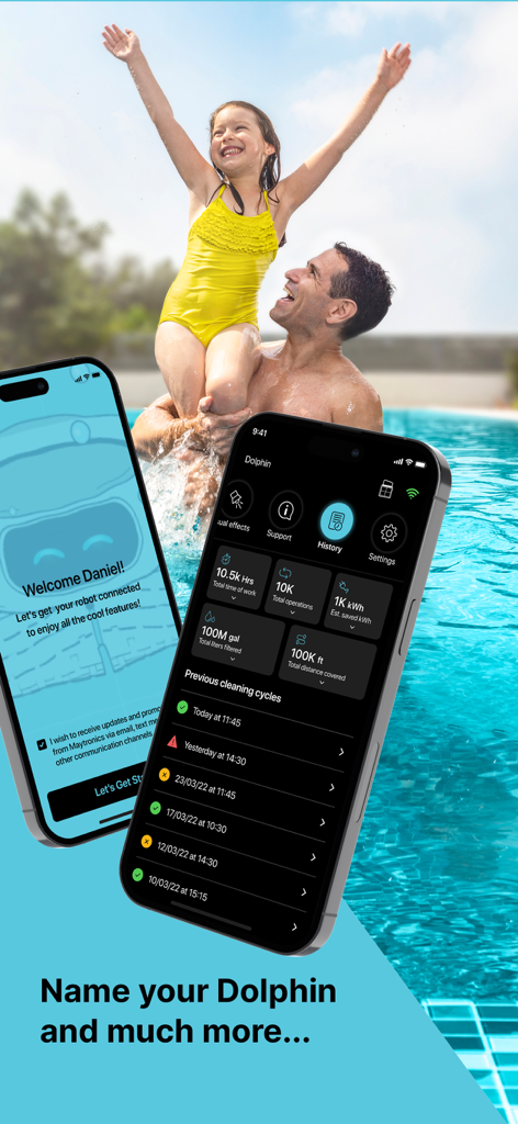 MyDolphin Plus - Smartphone showing the MyDolphin Plus app history dashboard with a happy family in a pool