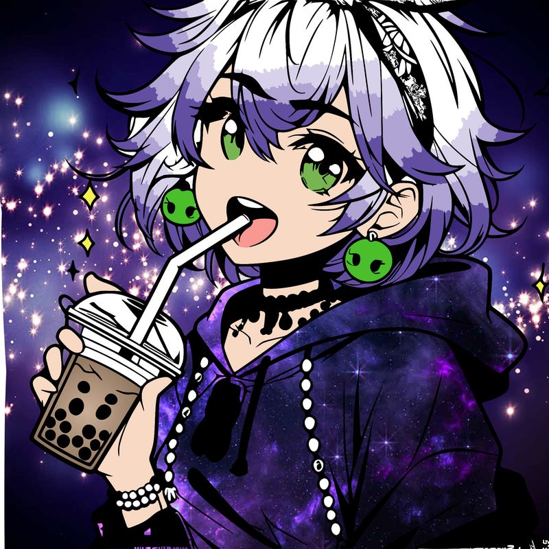 hot baddie anime girl drinking boba and biting the straw