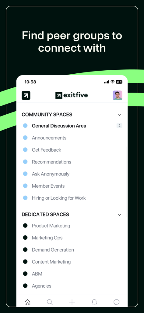 Exit Five - Screenshot of the Exit Five app interface showing dedicated spaces for B2B marketing professionals such as Product Marketing and Demand Generation.