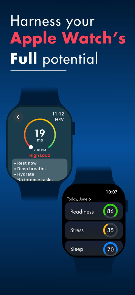 HRV Heart & Stress Monitor - Apple Watch screens showing heart rate variability, readiness score, stress levels, and sleep metrics.