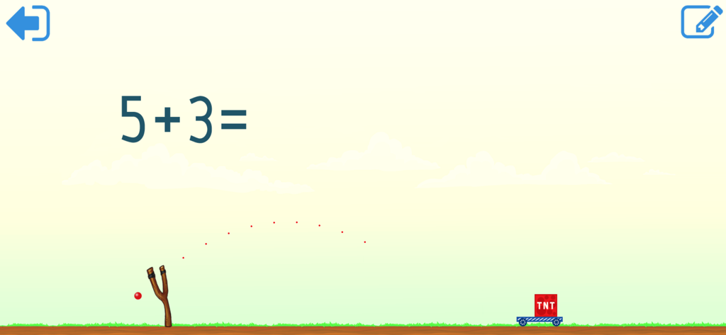 새총과 TNT 목표물이 있는 5 더하기 3 덧셈 문제를 보여주는 교육용 수학 게임 화면