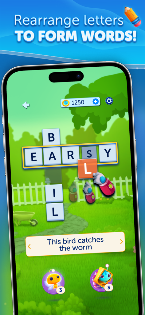 LunaCross-Handyspiel-Oberfläche, die ein Kreuzworträtsel mit einer Drag-and-Drop-Buchstabenmechanik vor einem Gartenhintergrund zeigt.