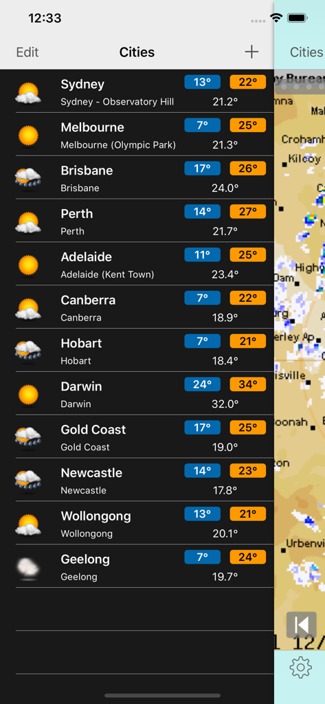 Oz Weather Plus app display showing current weather and temperatures for multiple Australian cities like Sydney and Melbourne.