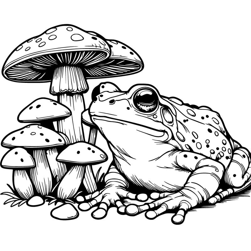 realistic frog with mushrooms