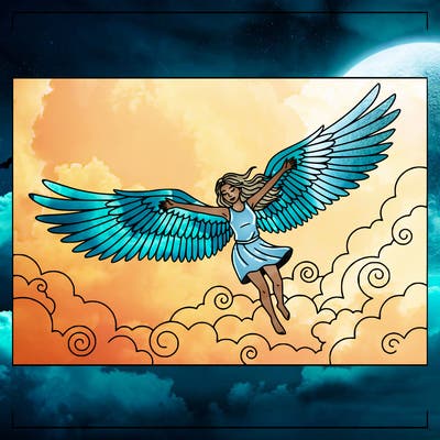 a girl with angel wings flying