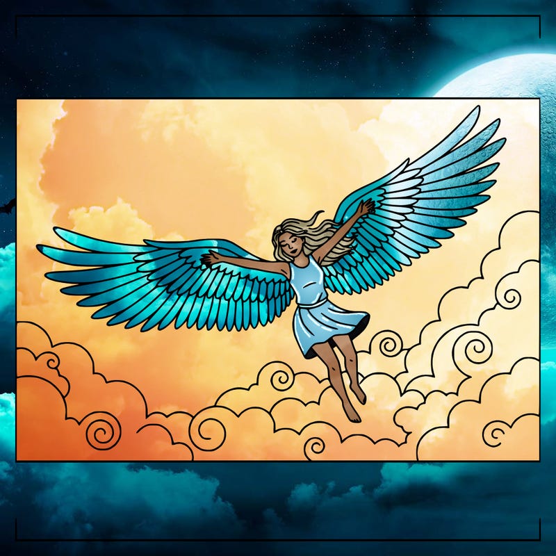 a girl with angel wings flying