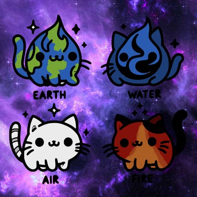 4 cats that represent the different elements, earth, water, air, and fire