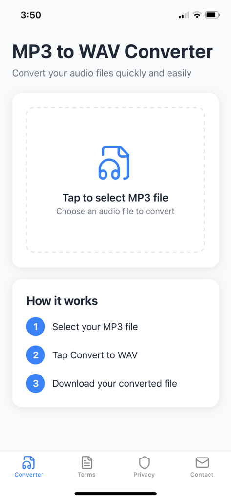 MP3 to WAV Converter - MP3からWAVへの変換アプリのホーム画面。タップしてファイルを選択するエリアと、使い方の3ステップガイドが特徴です。