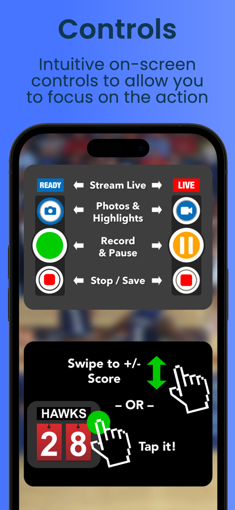 Interfaccia dell'app ScoreCam che mostra controlli intuitivi per live streaming, registrazione e un tabellone interattivo.